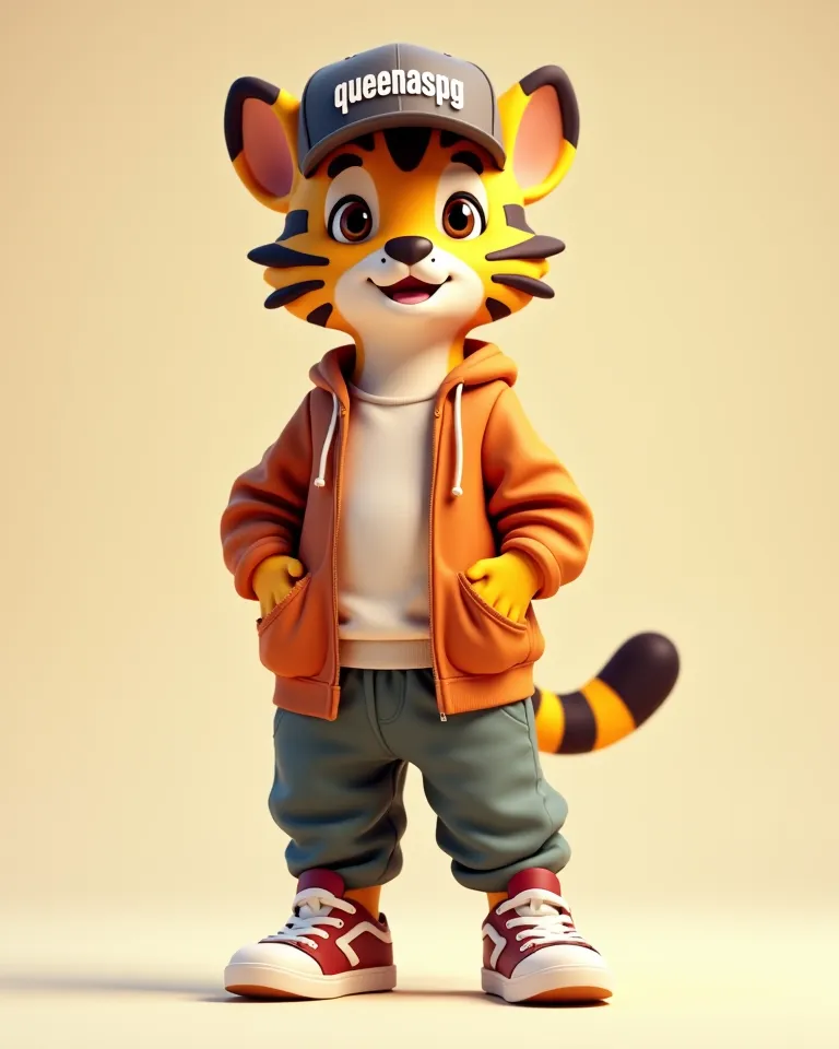 Generate a cute tiger mine avatar,He wears a shirt and pants,Are you wearing sneakers and a cap with the name “queenaspg” all in 3D