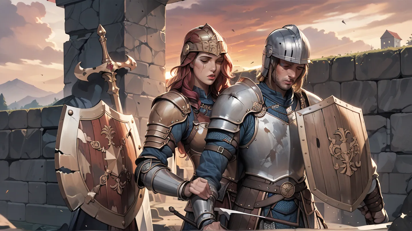 A wounded and unconscious male warrior in armor holding a broken sword and shield and having his face obscured by a metal helmet leaning against a wall in a fantasy medieval battlefield, dark red sunset