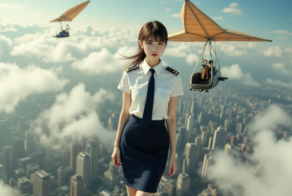 Sexy beautiful Japanese woman, a self defense officer uniform, wearing a white short-sleeved shirts, navy blue tie, navy blue pencil skirt, Black patent high heels, beautiful hip-line, Beautiful thighs, In the steampunk world, a Woman flying in the sky on ...