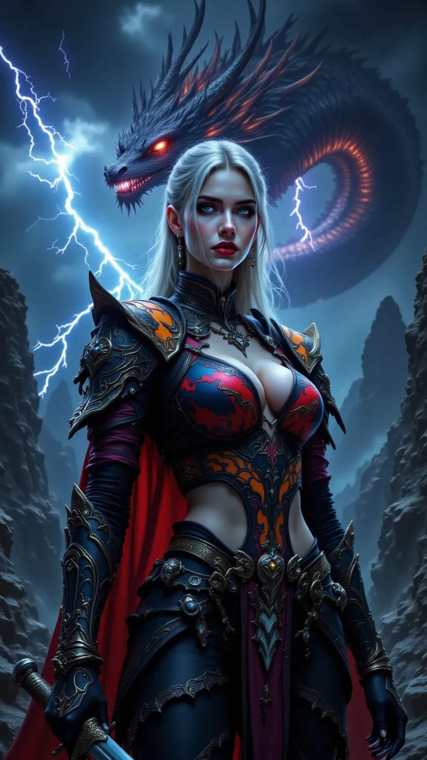 (((A woman with big breasts and a slim body),(A colorful and patterned armor),(With a serious expression))),Holding a sword with your hand,Fighting spirit in the shape of a dragon that surrounds the surroundings, Stormy dark clouds,Falling lightning,Mounta...