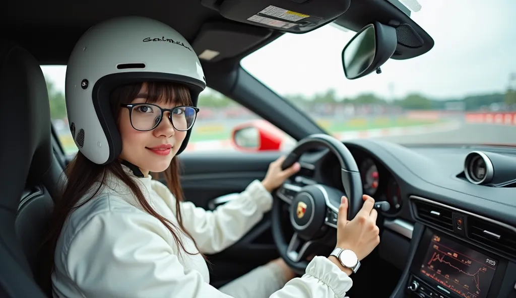 **caption:**

This is a close-up shot of a 25-year-old Thai woman wearing a cool and stylish white racer dress. She sits in a Porsche 911 Turbo that is racing on the racetrack. She wears a stylish and stylish helmet, with long bangs poking out of the helme...