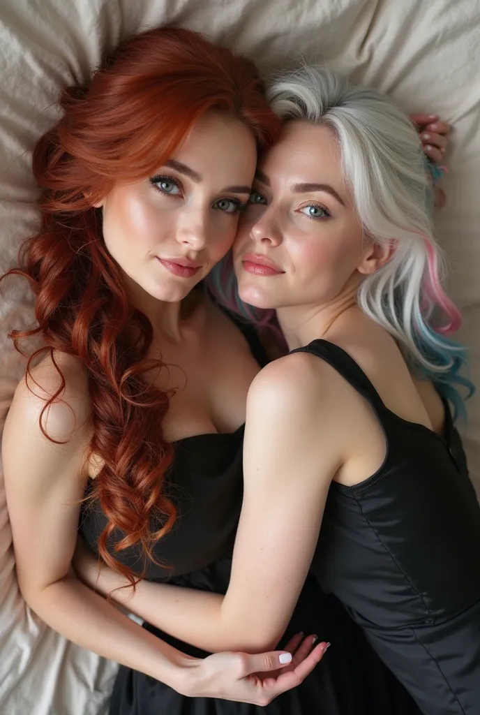 Two women. 

A red-haired woman and a woman with medium-length white hair, with blue and pink hair. 

First woman: a beautiful woman, long, impeccable dark red hair, styled in a side braid, pulled to the side, giving a perfect finish to her face, light gra...