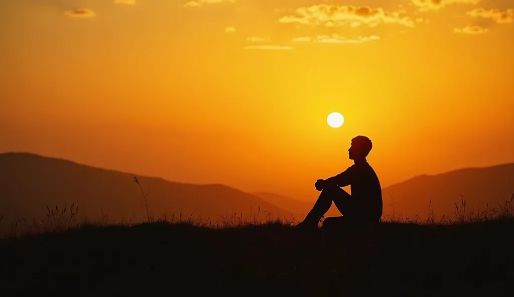 "A silhouette of a person sitting alone on a grassy hill during sunset, with the sun glowing in the background. The sky transitions from deep orange near the horizon to lighter yellow higher up, creating a warm and peaceful atmosphere. The person's posture...