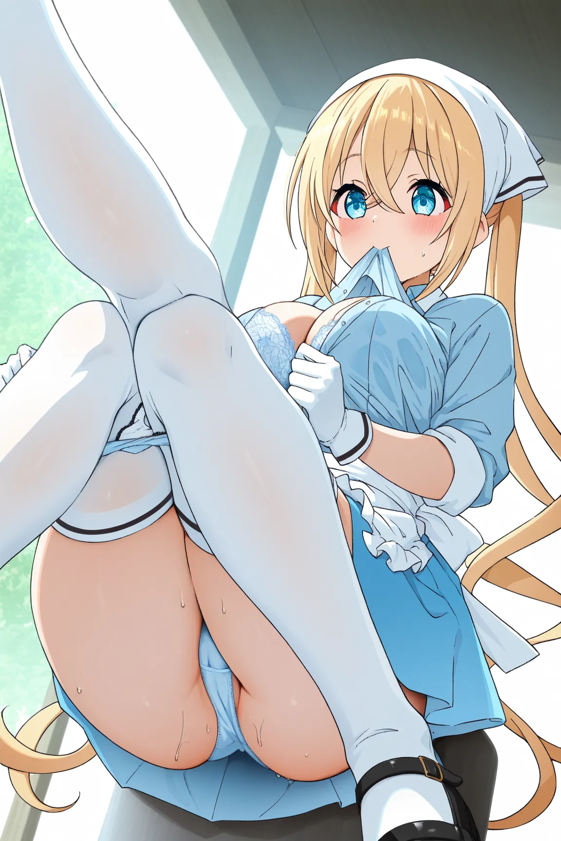 kaho-default,
hinata kaho,blue eyes,blonde hair, twintails, long hair, head scarf,blue shirt,white apron,blue skirt,white thighhighs, gloves,black footwear、panties、 panties that pull the transparent thread get wet、skirt with your mouth、nsfw.Hold your jacke...