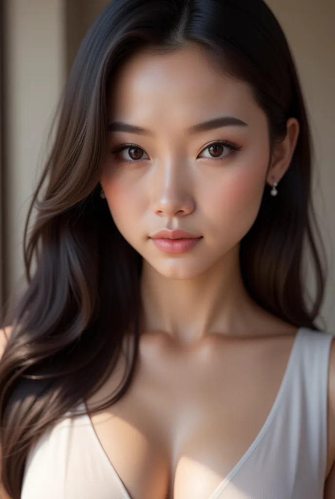 'Ultra- realistic 4K portrait of a 20-year-old woman with long, straight black hair and East Asian facial features. She has smooth, radiant skin, almond-shaped dark eyes, and symmetrical features. The focus is entirely on her face, with a softly blurred ba...