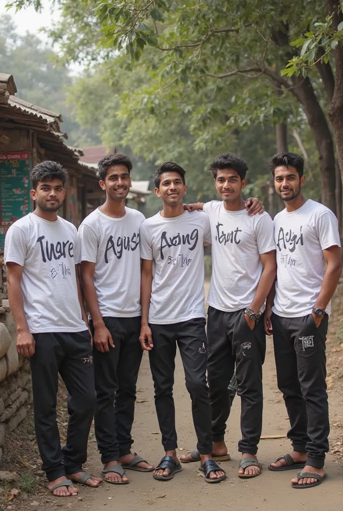 6 handsome boys are seeting near tea stall and laughing they wear black pant and white tshirt on tshirt there name was write on one tshirt name was Himanshu and one tshirt have ayush and one tshirt have Ajit and one tshirt have sultan and one tshirt have s...