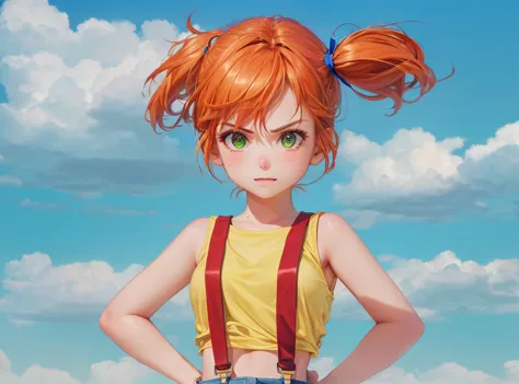 Caucasian woman, adult woman, mature body, orange hair, short hair, side ponytail, short ponytail, blue rubberband, olive green eyes, yellow shirt, sleeveless shirt, yellow tank top, red suspenders, cherry suspenders, reveal midriff, blue shorts, blue sky ...