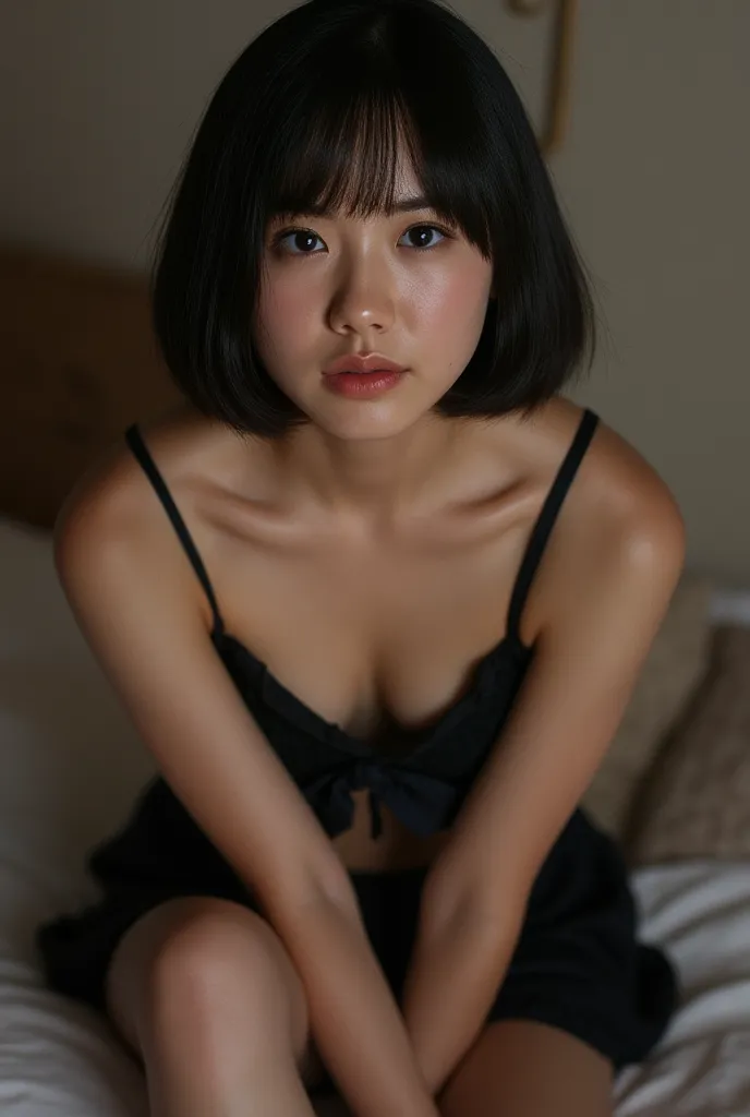 short hair brunette, Wearing a skirt without panties and with open legs 