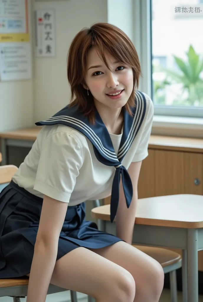 masterpiece, Top Quality, 8k, (:1.3) , RAW photo,   disorganized ,  Award-Winning Portraits , Taken in an empty classroom, After school at dusk, idol bending over, delicate face, DSLR Camera, staring at the viewer, (Nice Smile:1.3)、shame、Thin arms, small b...