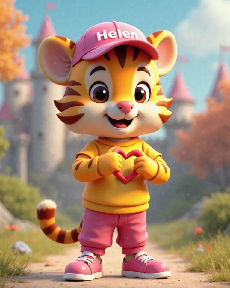 Generate a cute tiger mine avatar,He wears a yellow and pink shirt and pants,Are you wearing a sneaker and a cap with the name “Hellen”,all in 3d,In the background there is a castle he is making a heart with his hand