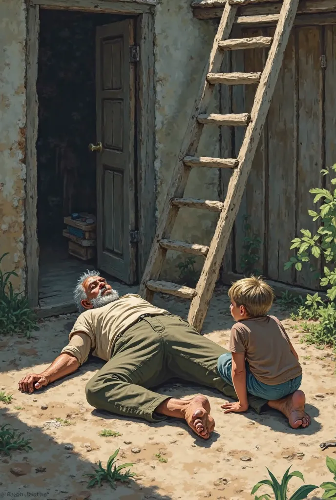 An old man who's fell off from ladder to ground and a boy sitting near him