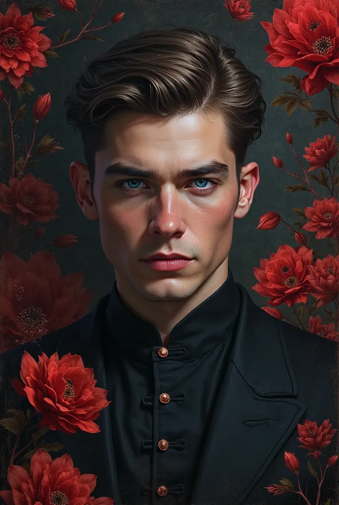 "A realistic portrait of a mysterious young man with sharp blue eyes, dark background with red floral patterns, fantasy style."
