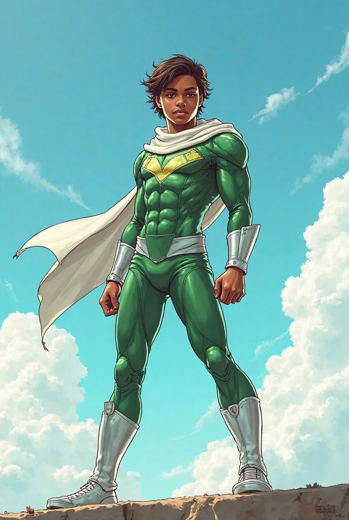 Create an art,  Young man, brown skin, age superhero, green costume with helmet and white scarf with pants, Silver boot ,  sky in the background , comic book style art 