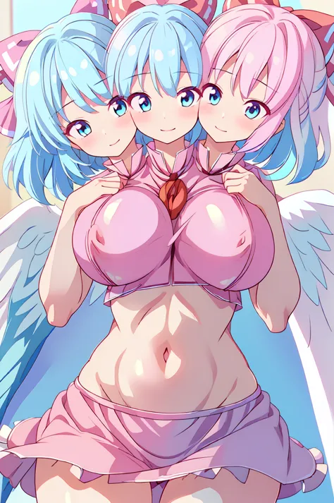 (masterpiece, best quality), best quality, (ultra-detailed), ((3heads:2.0)), 1girl, (mai (touhou):1.3), Mai, masterpiece, best quality, ultra quality, ultra resolution, ultra detail, light pink top, crop top, ((stomach)), midriff, ((groin)), light pink ski...