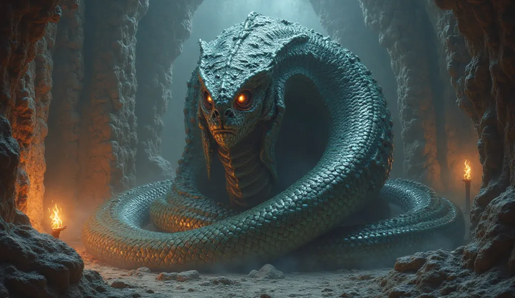 A massive snake with a hood as large as a palace, its scales glistening under dim torchlight.