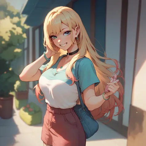 Anime style girl like Sono Bisque Doll wa Koi or Suru, blonde, blue eyes, big breasts, long hair, without earrings, casual clothes, Bottomless only character, fondo blanco