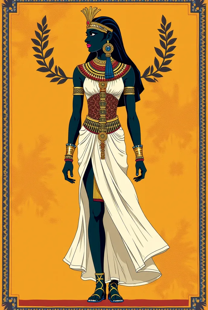 Create a retro pop art illustration of fashion characters inspired by ancient civilizations, adorned with authentic symbols and motifs. The artwork should have perfect symmetry and a 2D flat style. Each character should embody a historical culture like Egy...