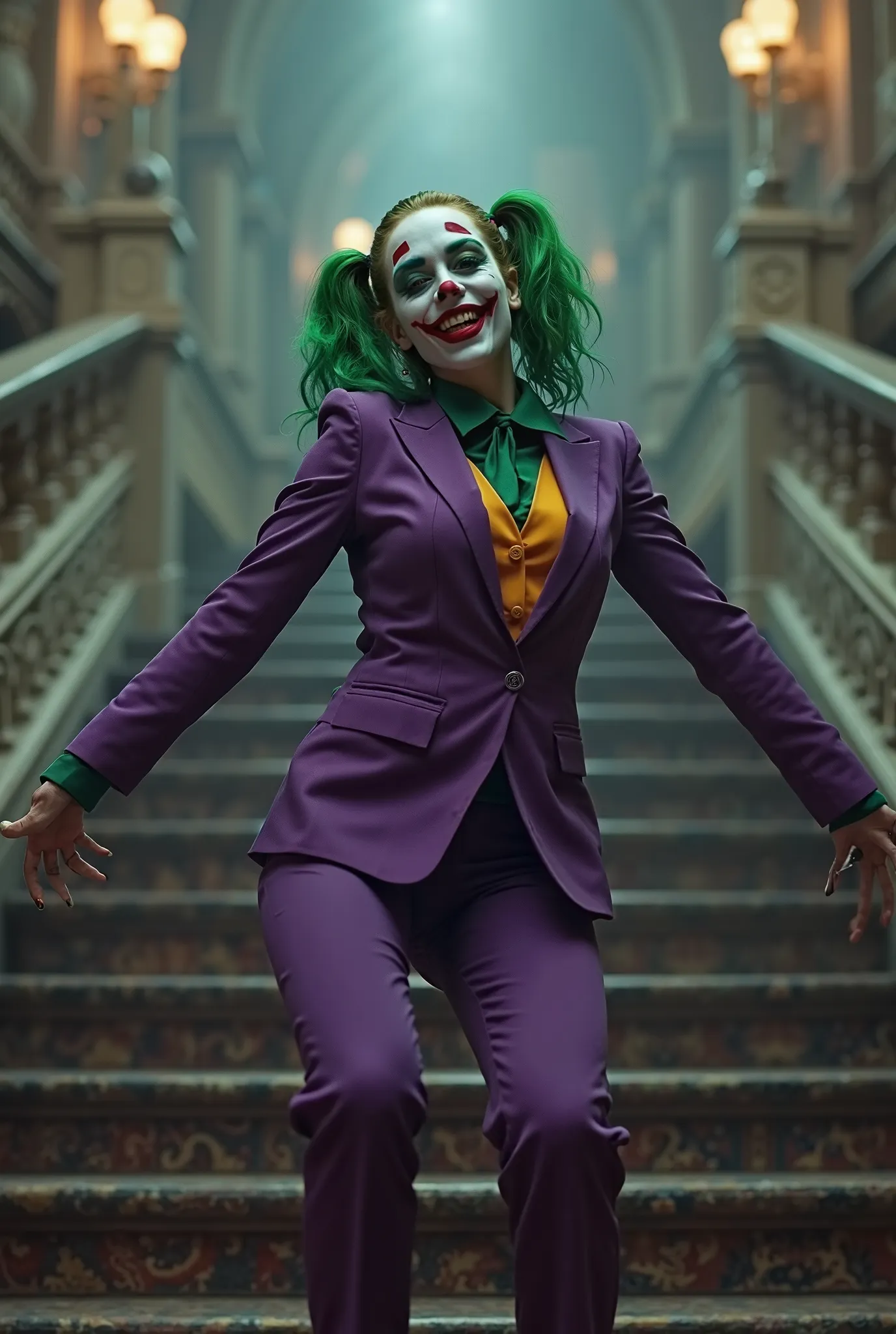 Cinematic image of Harley Quinn with green hair wearing the Joker's clown makeup and is dressed as a joker in a purple suit, She is dancing on the stairs imitating the scene from the Joker movie 