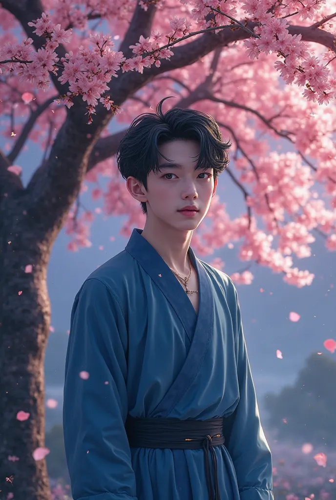 An 18 year old cutest boy standing with attitude under a pink leafy tree in a peacefull night in a blue realistic outfit towards camera frame , Aesthetics in moonlight, Plum blossoms in the dark, now、Create unbeatable beauty, Improve quality,  lines , impr...