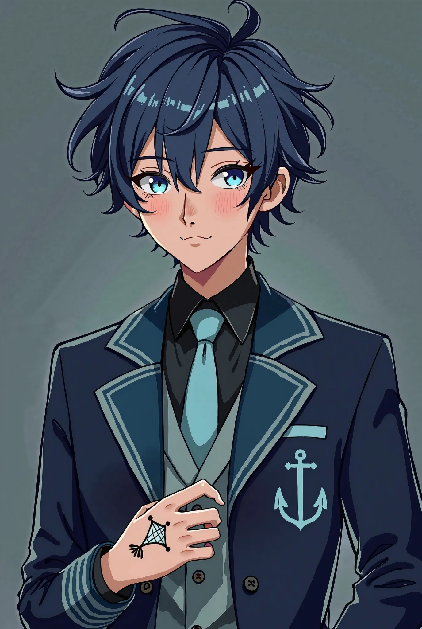 16-year-old man, dark skin, Blue curls, dark blue school uniform with a light blue ship anchor, and diamond tattoo on hand