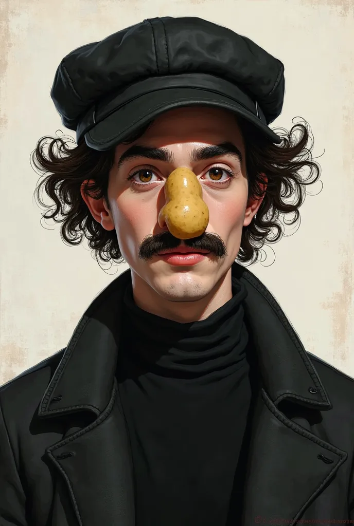 A 24-year-old man with curly hair with lights with a nose half a potato but not that big, With a mustache , In the cap and all in black training 