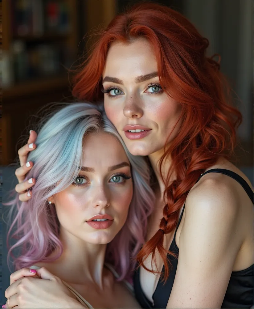 Two women. 

A red-haired woman and a woman with medium-length white hair, with blue and pink hair. 

First woman: a beautiful woman, long, impeccable dark red hair, styled in a side braid, pulled to the side, giving a perfect finish to her face, light gra...