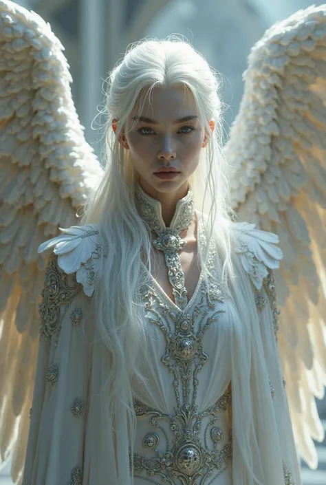 Silverskinned Elvish Noble with Angelic wings, stern and disapointed look on his face, white haired