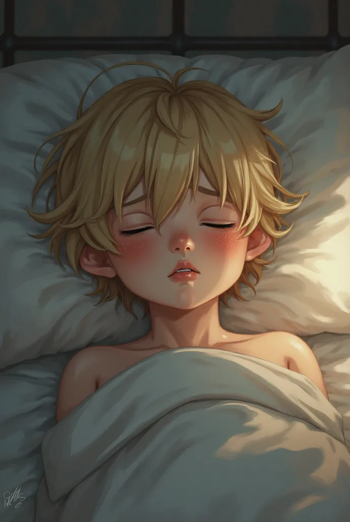 Beautiful blond boy with short hair, long bangs, and straight hair suffering from heat on bed