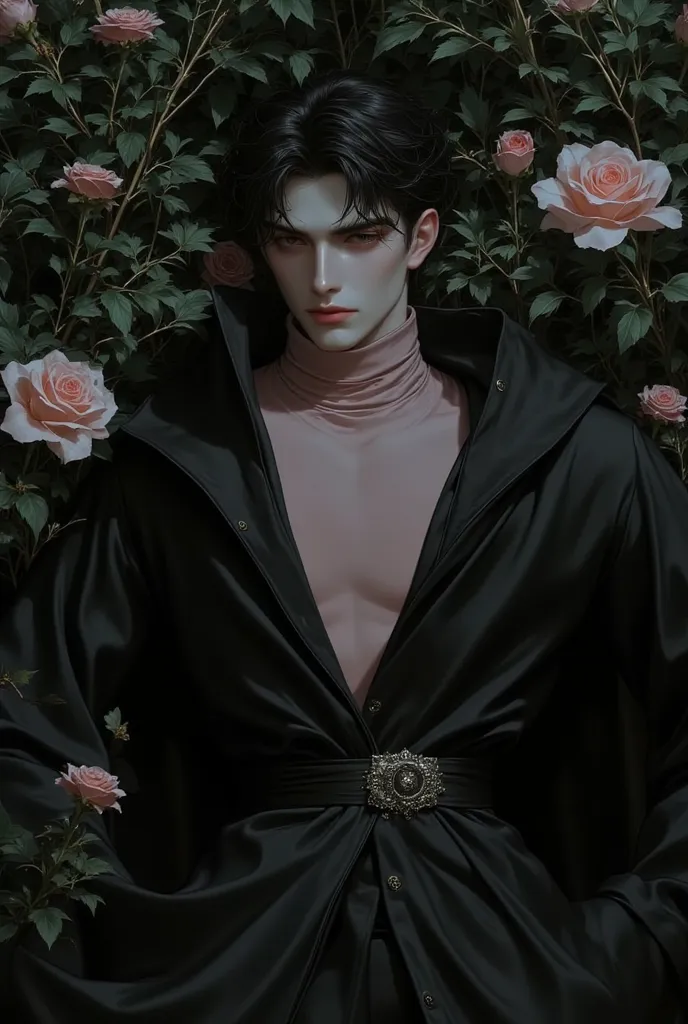 handsome young man lying in bushes and thorns and beautiful old pink flowers, top view camera. wearing a jet-black wizard's robe and an old pink turtleneck t-shirt inside. oil painting, masterpiece,  darkness, Expert, incredibly detailed,  4K resolution,