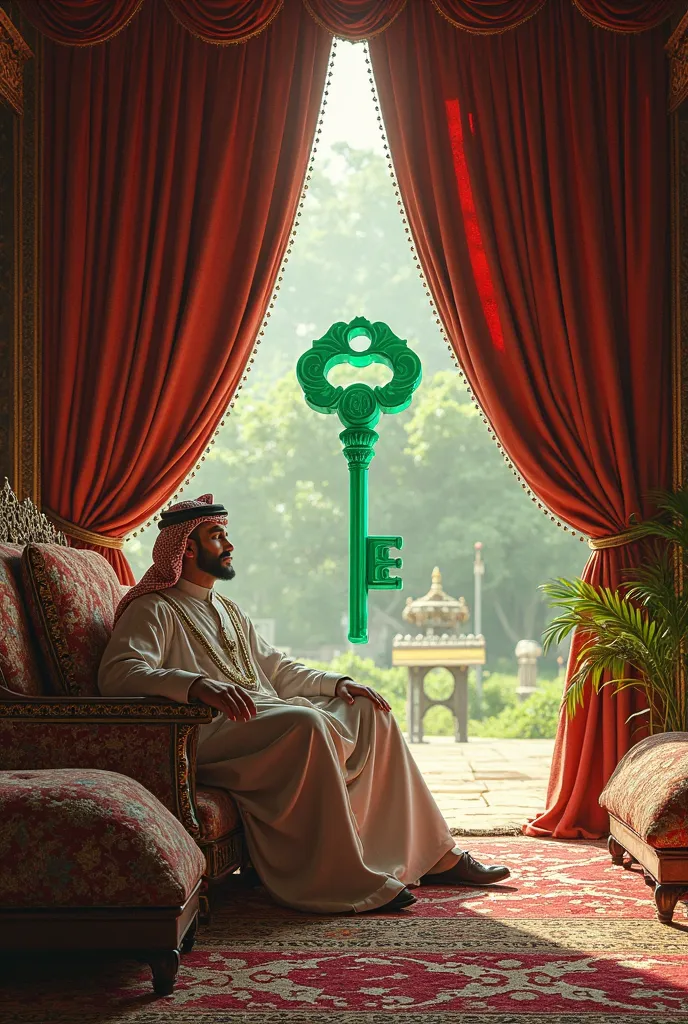 an image inside a luxurious tent, of an Arab caliph, with the front of the tent open, And the view from outside, a green chrome key