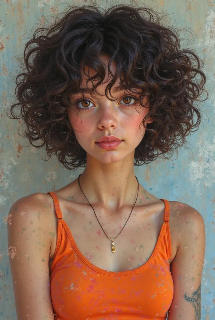 Make a portrait of a 16-year-old woman with curly hair, white skin, brown eyes and dresses in short shirts.