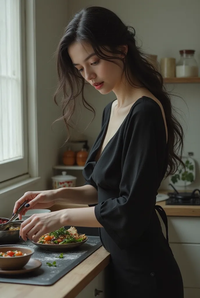 I would like her looking at the dishes,  And with black clothes