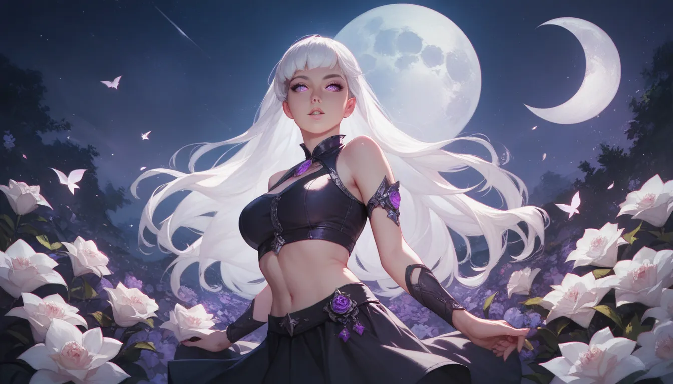 realistic, 1 girl, white hair, purple eyes, shining eyes, crop top, skirt, parted lips, ,  night , flower,  moon,  moonlight,