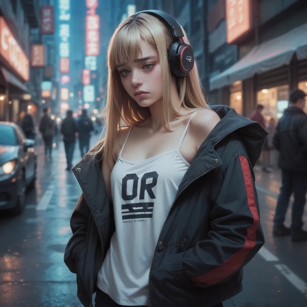 Japanese girl. blonde hair with bangs, looking down, downcast, sad expression, hands in jacket pockets, headphones, future city street, neon night. Camisole . Photorealistic 