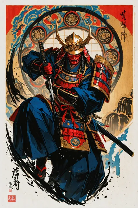 "A fierce and powerful samurai warrior in a dynamic pose, wearing an ornate and colorful armor with intricate patterns and traditional Japanese motifs. The kabuto (helmet) features a fearsome oni mask with a demonic grin, adorned with horns and decorative ...