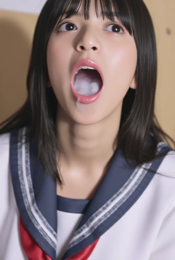 high resolution, photorealistic ,  open your mouth  wide, I can see semen in my mouth  , ,   masterpiece, great quality,  complicated details , professional lighting,  alone, 1 girl, (  I'm wearing a short-sleeved sailor suit that blurs the background beau...