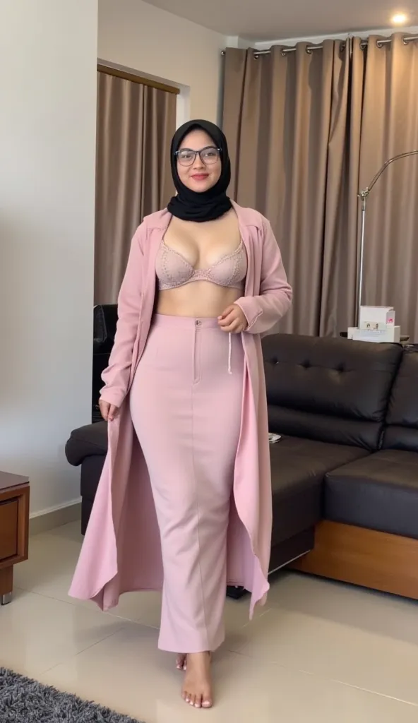 Beautiful girl, Indonesian, hijab, pink hijab, big hijab, long hijab, full hijab, huge breast, lingerie, sexy standing in living room, full body, smile, highly quality, detailed face, detailed body, Skin White, black niqab, Bright lighting, wearing glasses...