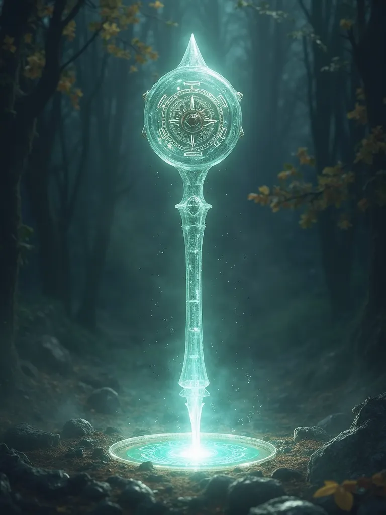 Create a translucent magic staff that opens portals. It shines , Open portals and fix the past. And in that , has a symbol of a Roman clock on the tip.