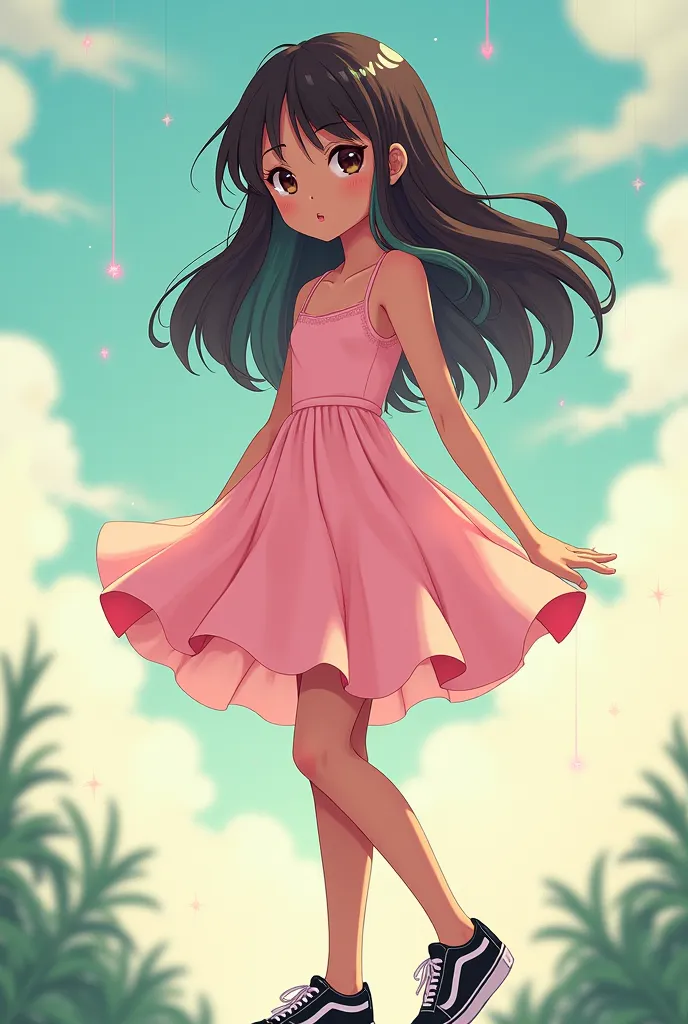 Anime: Create a brown-skinned girl with long, slightly wavy dark brown hair with tinkering with Tiffany green, wearing a pink pink dress and a black and white Vans sneaker. 