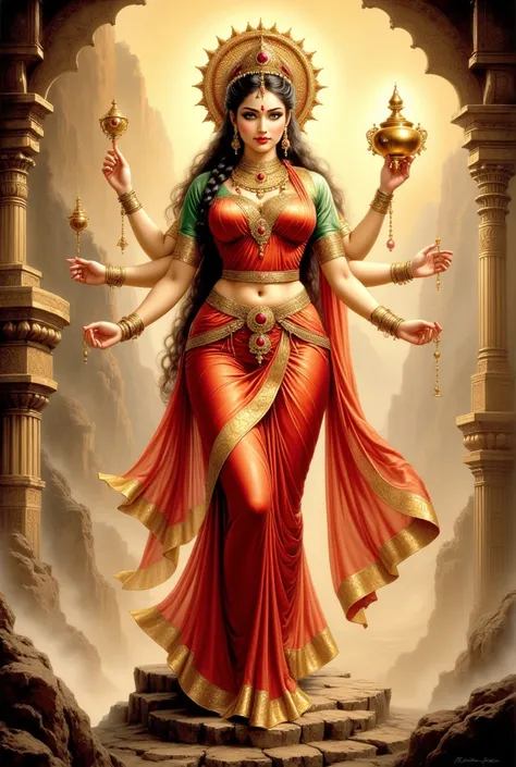 Hindu crowned goddess Lakshmi standing full body, wearing a red saree with golden border, green blouse, four arms, holding a gold pot