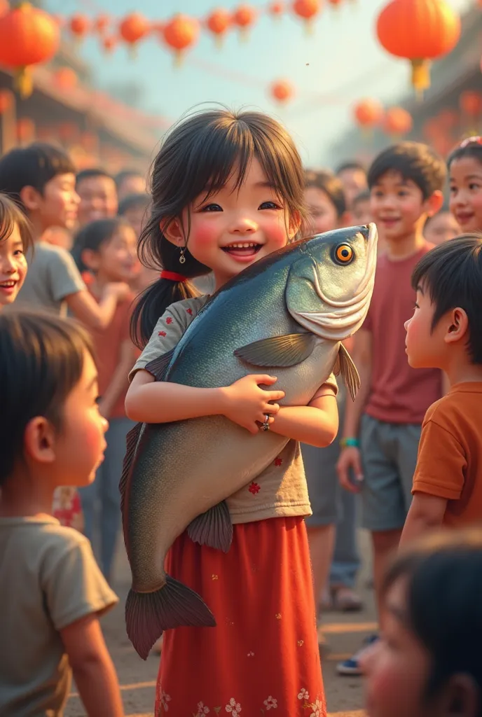 a Vietnamese girl tcb bank hugs big fish , around everyone congratulations on success