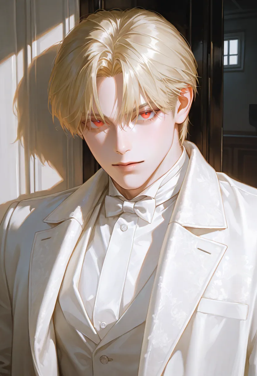 cold face, mature male, handsome, 1 man, male focus, handsome man, blonde hair, short hair, red eyes, white formal clothes, long coat, perfect eyes ,semi-realistic art , semi-realistic art style, vibrant brushstrokes, realistic skin, realistic hair, realis...