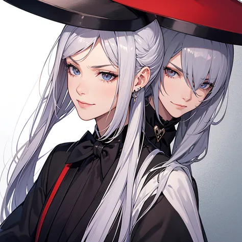 Black tuxedo, red accented silk hat, silver hair, scowling smile, frontal angle