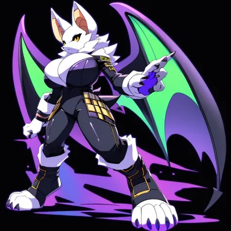 Anime, ((anime style)), ((solo)), ((solo picture)), alone, simple shading, ((dynamic pose)), ((full body picture)), ((plush build)), ((wearing a stylized black outfit with neon accents)), ((female Anthro bat)), ((Tall with large round breasts)), ((tall bux...