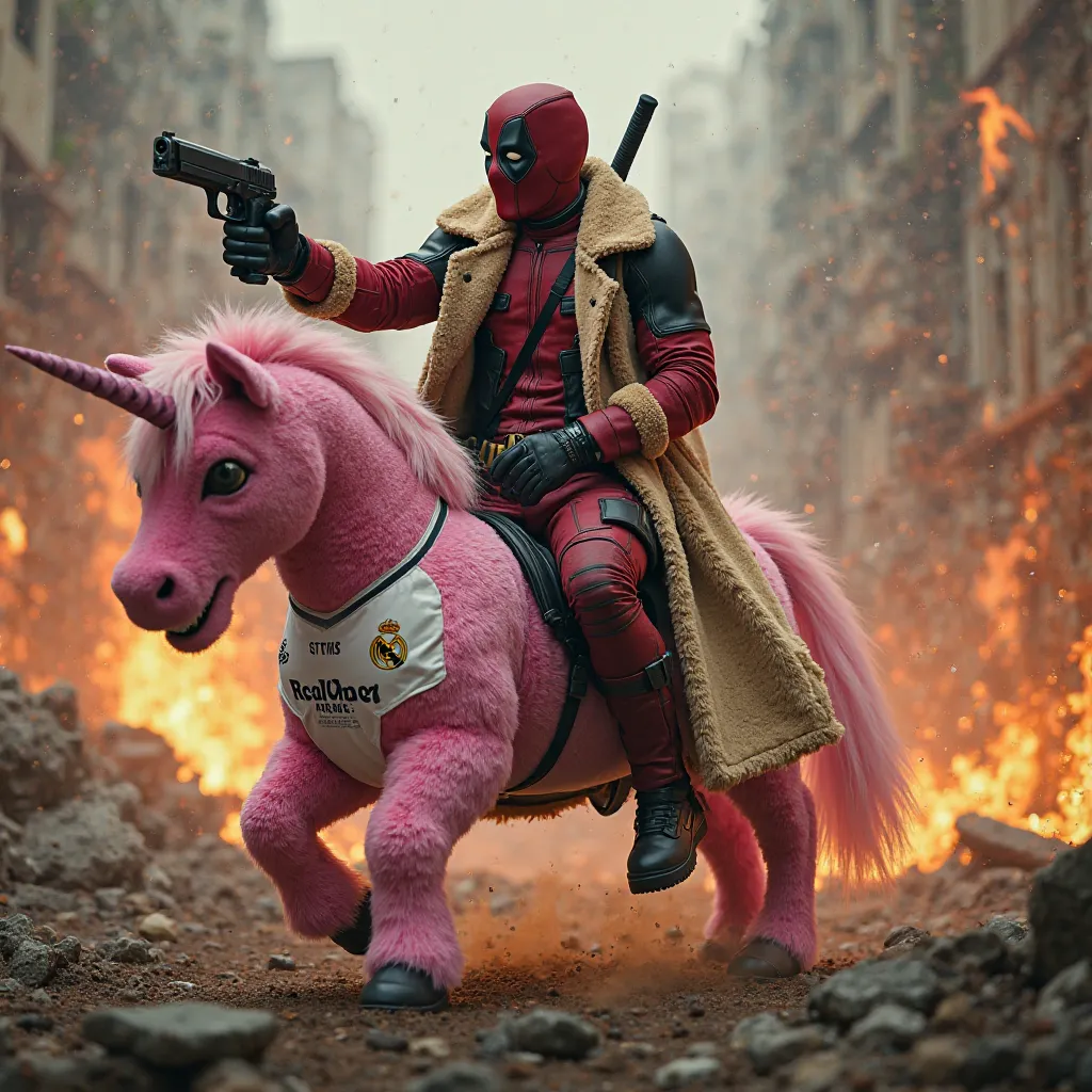 Deadpool wearing a plush coat with a gun in his hands riding a pink plush unicorn wearing a Real Madrid shirt in a post-apocalyptic world full of fire 