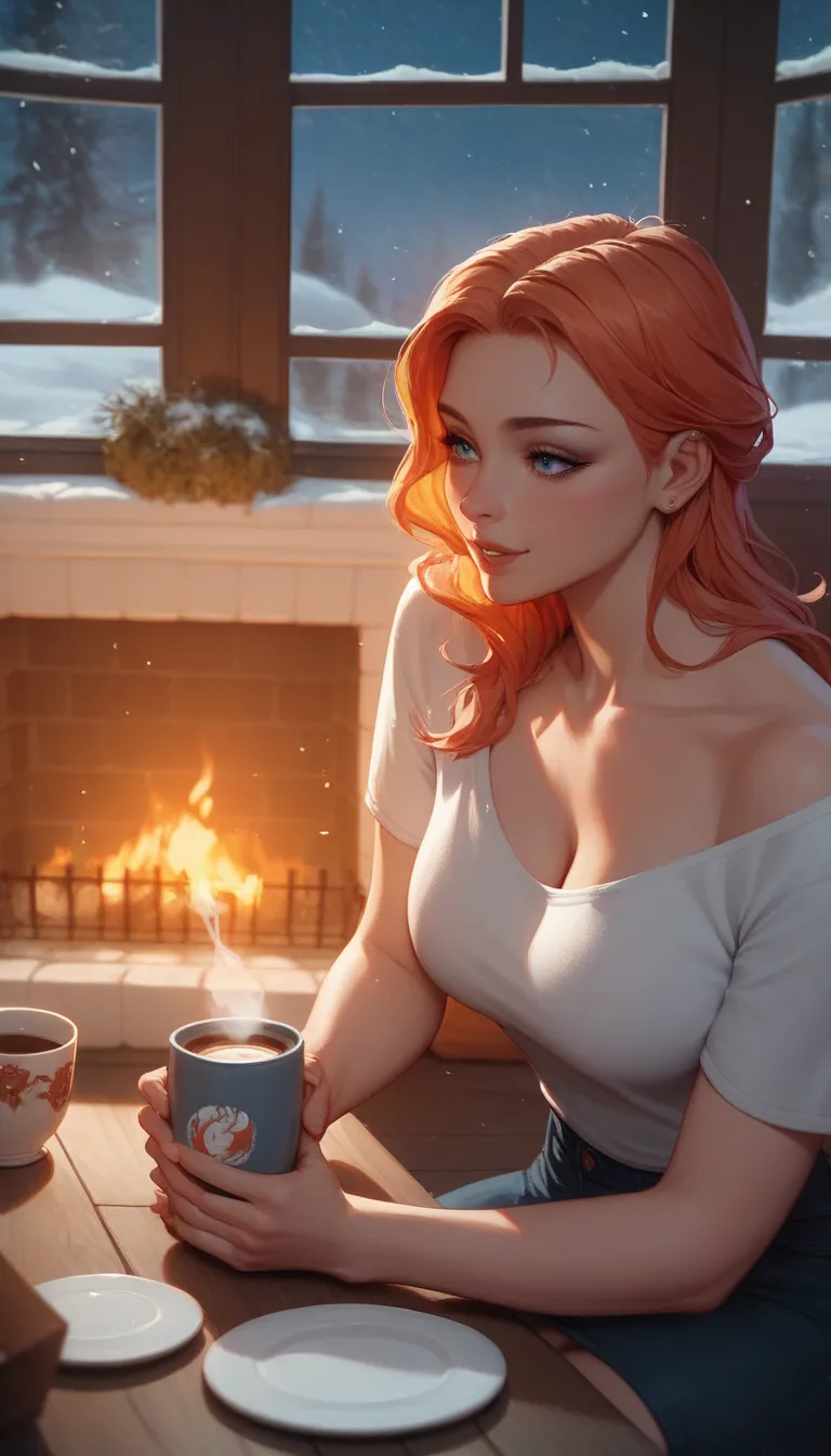 score_9,score_8_up,score_7_up, medium lush breast, Winter night, indoors with a fireplace, snow falling outside the window, a beautiful 23-year-old girl wearing a loose-necked T-shirt sitting on the floor with a cup of coffee, cleavage, the fireplace flame...