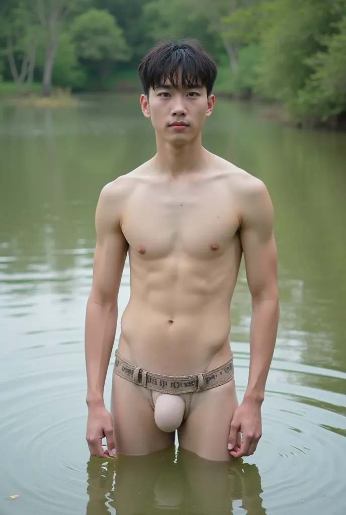 Photographed a 17-year-old, handsome, white Korean man standing in a shallow pond with his thin panties showing a tall penis.