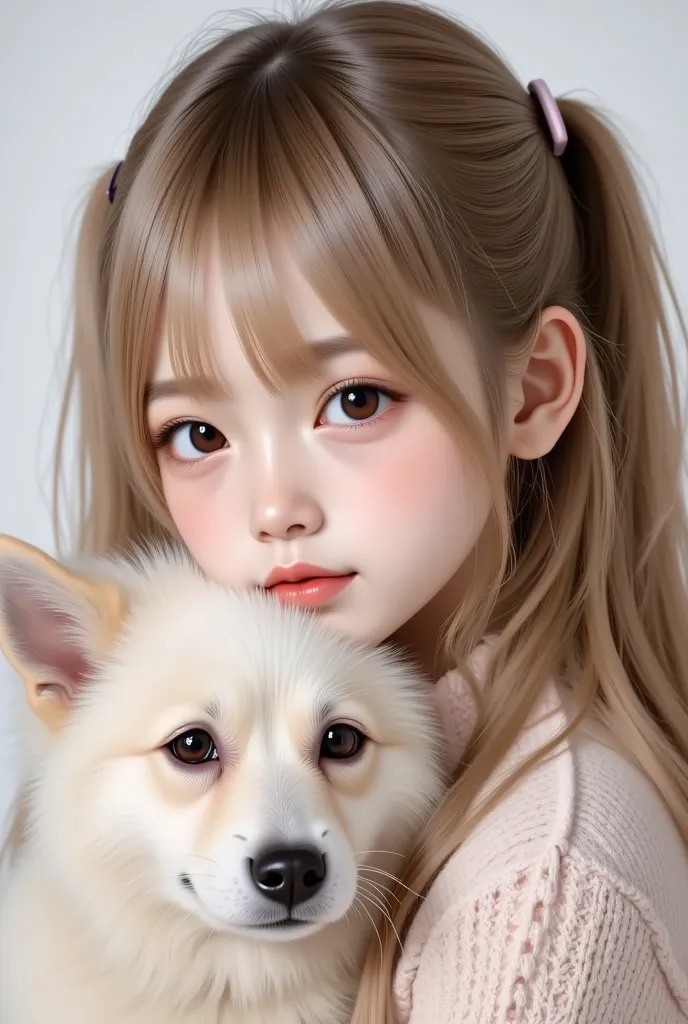 Picture of young girl and little white dog, cute, upper body、 1 girl, long hair, looks at one woman, 