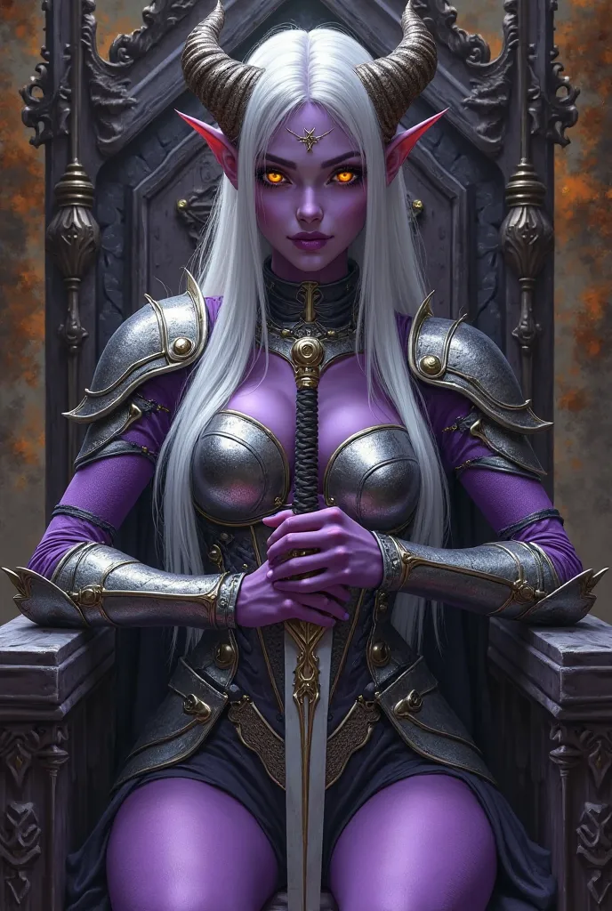  young, Demon Warrior Queen,  21 years old, Long silver hair, soft purple skin, short horns, pointed ears, bright yellow eyes, sexy tight armor, sword in hand, sitting on throne,  impressive, slender body, wide hips.