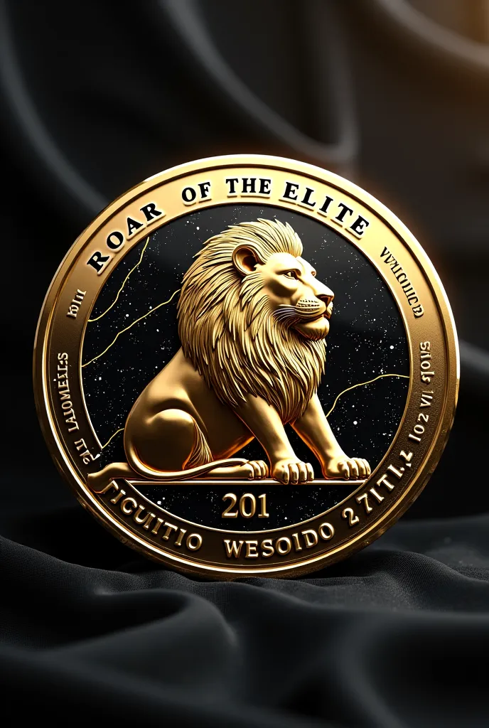 Design a luxury digital cryptocurrency, represented as a high-end circular medal. The currency must convey exclusivity and power, intended for a global elite of visionary leaders. In the center, it includes a majestic and stylized lion, with a detailed man...